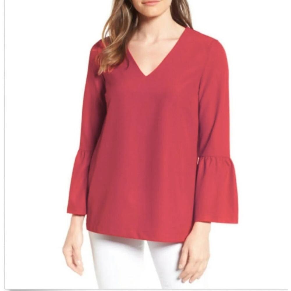 Red V Neck Bell Sleeve Tunic Top Women's‎ Size XS